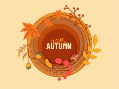 Merhaba Autumn ya da Şükran Günü güzel sezon kağıtları daire şeklinde kesilmiş arka plan tasarımı. Vektör İllüstrasyonu.