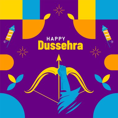 Mutlu Dussehra Düz Geometrik stil soyut model tasarımı Vijaydashmi üzerinde ok ve yay ile. Hint Festivali arka planı.