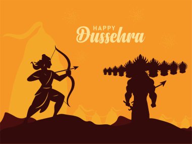 Mutlu Dussehra veya Vijaydashmi Hint Festivali kutlamaları. Rama 'nın Ravana' yı öldürüşünün vektör silüeti..