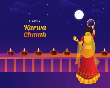 Karwa Chauth Married women Indian festival celebration Poster, Banner or greeting card design Vector Illustration.