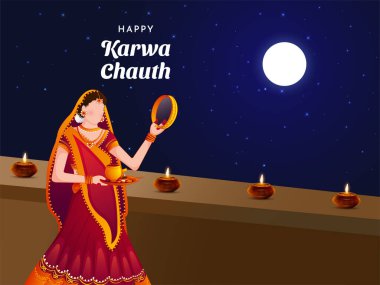 Karwa Chauth Married women Indian festival celebration Poster, Banner or greeting card design Vector Illustration.