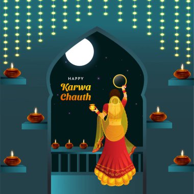 Karwa Chauth Married women Indian festival celebration Poster, Banner or greeting card design Vector Illustration.