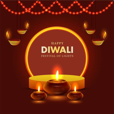 Happy Diwali Indian festival of lights banner, poster or web header design 3d Pedestal podium Vector Illustration.