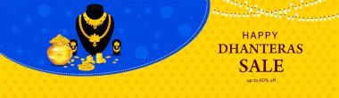 Happy Dhanteras Indian Festival Diwali biggest gold sale banner, poster and web header design vector illustration.