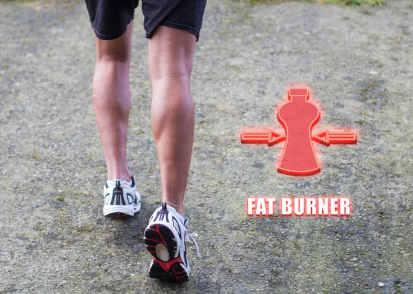 Fat burner concept with icon of two arrows narrowing a bottle and closeup view of legs of young sport man with toned scarf muscles climbing up a paved hill.