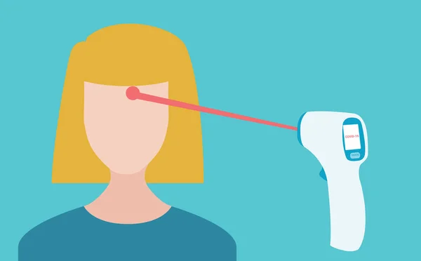 Kızıl ötesi ışıkla dijital temassız termometre bir kadının alnının sıcaklığını ölçüyor. Covid-19 'a karşı güvenlik önlemleri