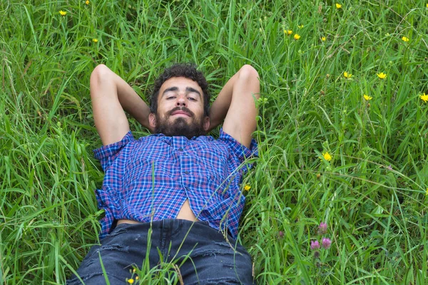 Happy Young Man Lying Grass — Stock Photo, Image