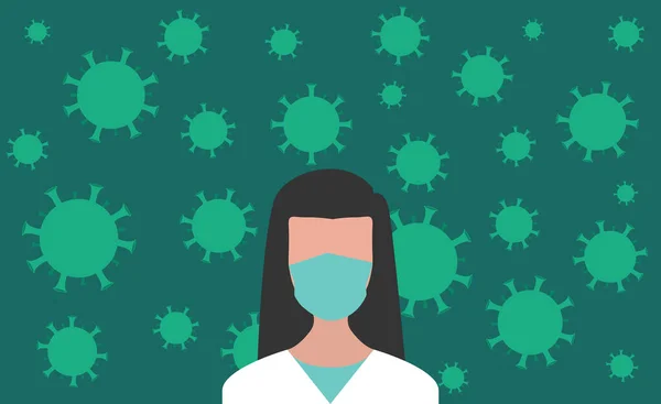 顔マスクをした若い女性医師のフロントビューは コロナウイルスの背景に立っている Covid 19との戦いの最前線の医師 信頼と感謝の概念 — ストックベクタ