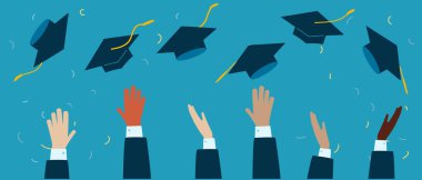 WebGraduation 2020 caps konfetisi. İzole edilmiş altın kurdeleli uçan öğrenci şapkaları. Üniversite, kolej eğitim vektörü. Çizgi film tarzında illüstrasyon