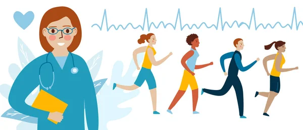 女医生谈论跑步和有氧运动的好处。平面卡通风格的概念说明 — 图库矢量图片