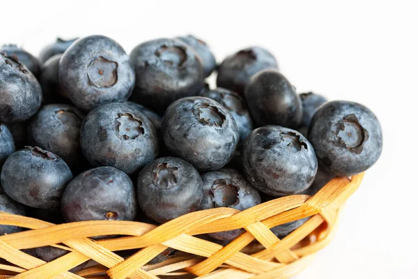 Fresh Ripe Blueberries Small Wicker Basket White Background Close — Stock Photo, Image