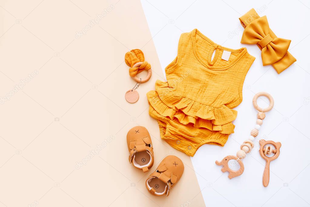 Set of baby stuff and accessories on light background. Baby shower concept. Fashion newborn. Flat lay, top view