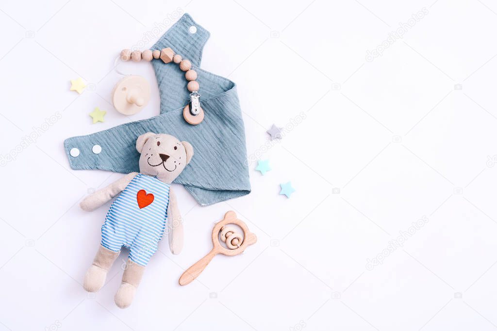 Set of baby stuff and accessories on white background. Baby shower concept. Fashion newborn. Flat lay, top view