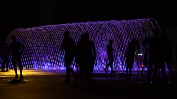 Siluetas Pareja Amor Contra Corrientes Fuente Brillantes Espectáculo Luz Noche — Vídeo de stock
