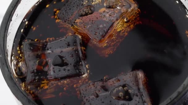 Close Cola Bubbles Ice Cubes Glass — Stock Video