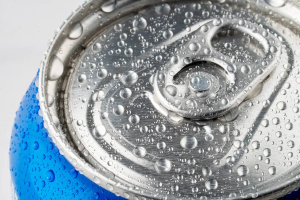 Closeup of soda can with drops of water for fresshness