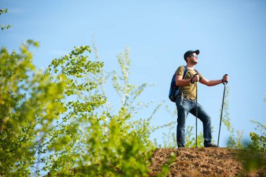 Sırt çantası ve baston tepe olan adam fotoğrafı