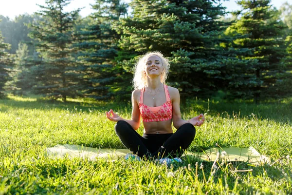 Foto della giovane donna sportiva dai capelli ricci che pratica yoga sul tappeto nel parco — Foto Stock