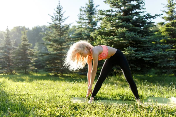 Foto della giovane donna sportiva dai capelli ricci che pratica yoga sul tappeto nel parco — Foto Stock