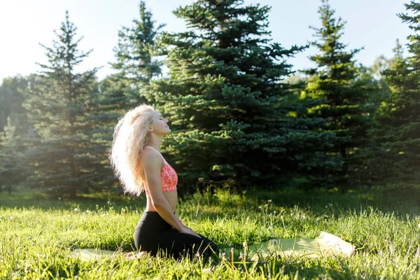 Bilden av ung curly-haired sport kvinna utövar yoga på matta i park — Stockfoto