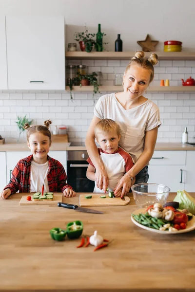 Genç Anne ile kızı ve oğlu kesme sebze masada fotoğrafı
