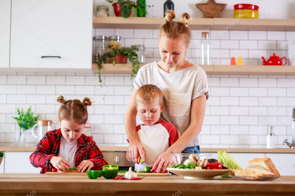 Image of young mother with daughter and son cooking at table