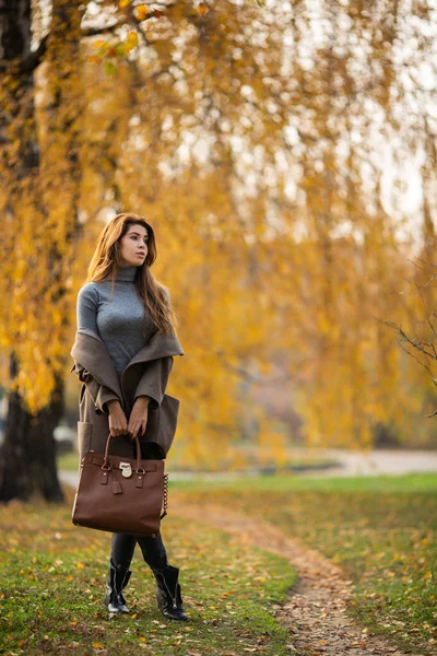 Studiové Foto mladá brunetka dlouhé vlasy v kabátě s taškou v ruce v podzimním lese — Stock fotografie