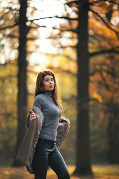 Retrato de chica de pelo largo en el parque de otoño —  Fotos de Stock