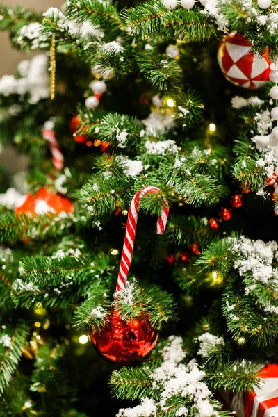 Φωτογραφία: χριστουγεννιάτικο δέντρο με κόκκινα μπαλάκια, καραμέλα καλάμια — Φωτογραφία Αρχείου