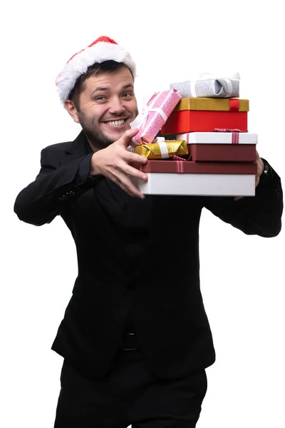 Foto Hombre Feliz Sombrero Santa Con Cajas Con Regalos Las —  Fotos de Stock