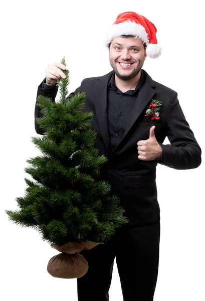 愉快的人的相片在圣诞老人帽子与圣诞树 — 图库照片