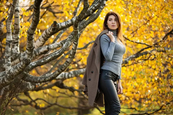 Obrázek mladá brunetka s kabátem na jejím rameni v podzimním lese — Stock fotografie