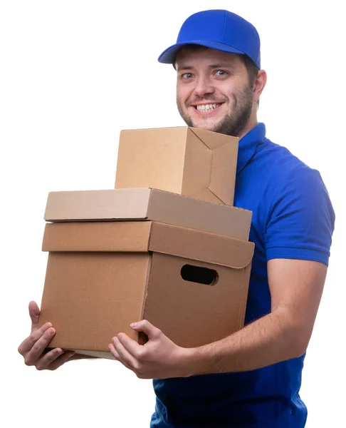 Foto de correio masculino feliz com caixas de papelão — Fotografia de Stock