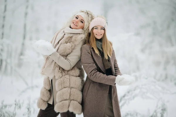 Hat séta a téli erdő két boldog szőke nő portréja — Stock Fotó