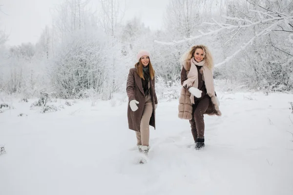 Porträtt av två blonda kvinnor i hatt på promenad i vinter skog — Stockfoto