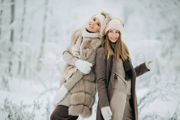 Retrato de dos mujeres rubias felices en sombrero a pie en el bosque de invierno —  Fotos de Stock