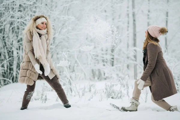 Изображение двух блондинок, бросающих снег на прогулку в зимнем лесу — стоковое фото