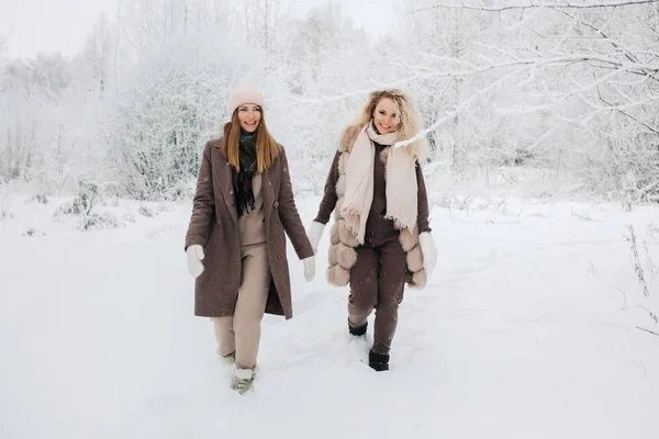 Porträtt av två blonda kvinnor i hatt på promenad i vinter skog — Stockfoto