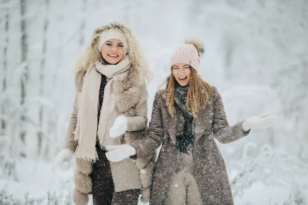 Photo de deux blondes jetant de la neige en promenade dans la forêt d'hiver — Photo