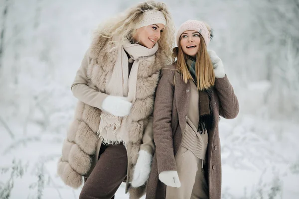 Retrato de dos mujeres rubias felices en sombrero a pie en el bosque de invierno —  Fotos de Stock