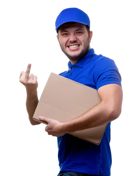 Immagine di giovane uomo in T-shirt blu e cappello da baseball con scatola di cartone — Foto Stock