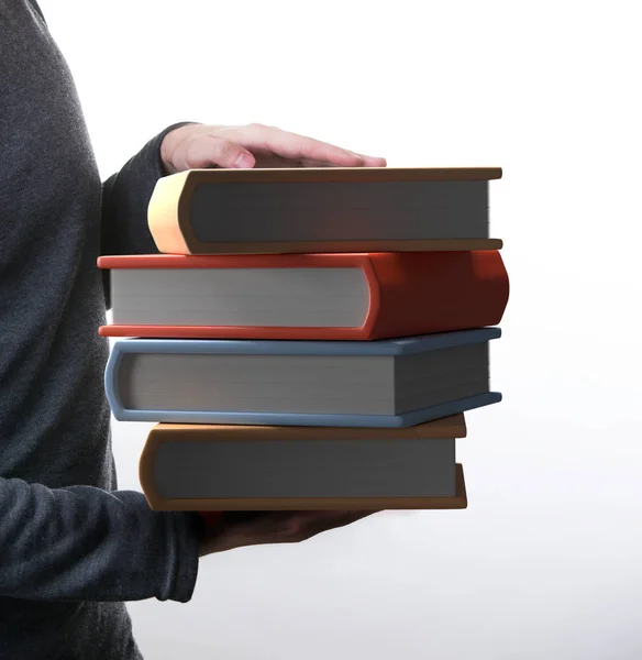 Foto en el lado del hombre sosteniendo cuatro libros multicolores sobre fondo blanco . —  Fotos de Stock