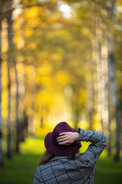 Image from back of woman in hat on blurred background