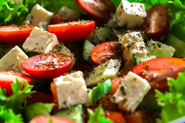 Greek Salad Feta Cheese Organic Kalamata Olives Juicy Tomatoes Red — Stock Photo, Image