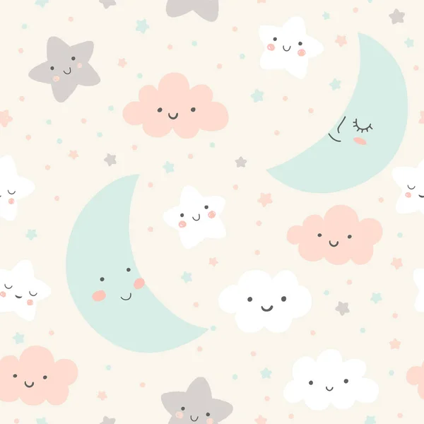 Cute Sky Pattern Seamless Vector Design Smiling Sleeping Moon Stars — Stock Vector