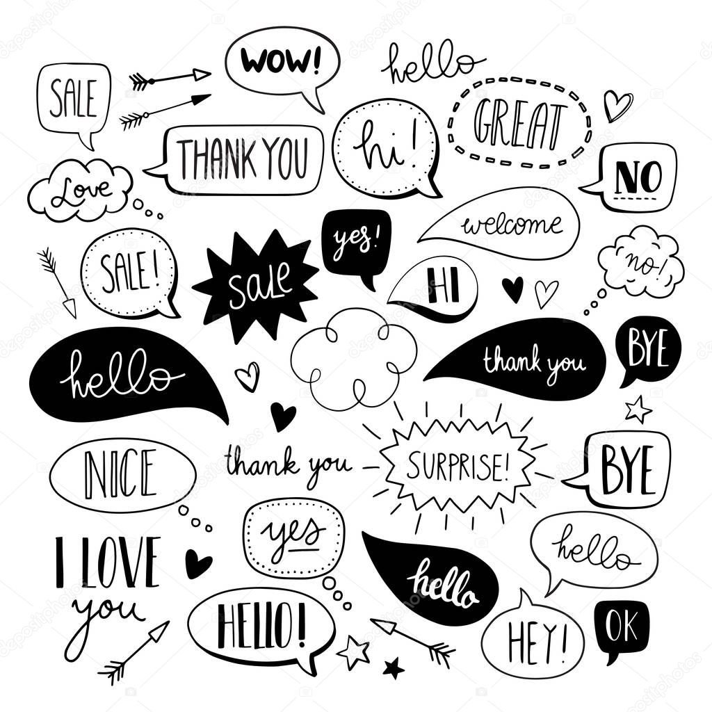 Hand drawn vector speech bubbles with hi, hello, thank you and many more  in doodle style with cute arrows, hearts and stars.