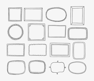 Elle çizilmiş çerçeveler ve etiketler ayarlanır. Doodle vektör tasarım öğeleri. Karikatür tarzı.