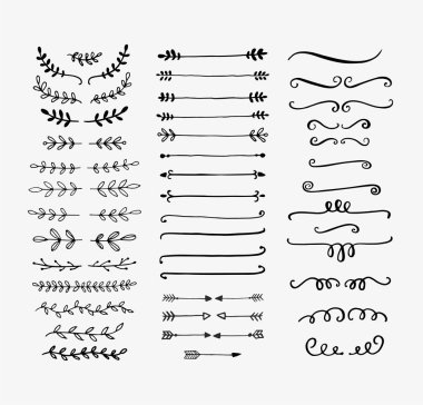 El vektör bölücüler çekilmiş. Çizgiler, kenarlıklar ve defne ayarlayın. Doodle tasarım öğeleri.