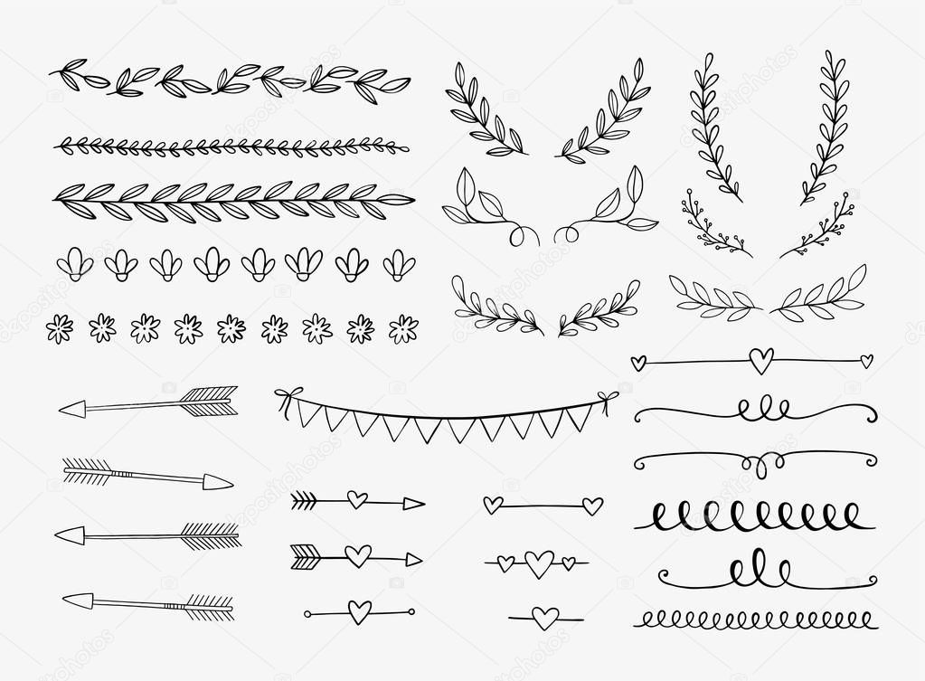 Vector hand drawn design elements. Vintage doodle banners, ribbons, divider, swirls, arrows. 