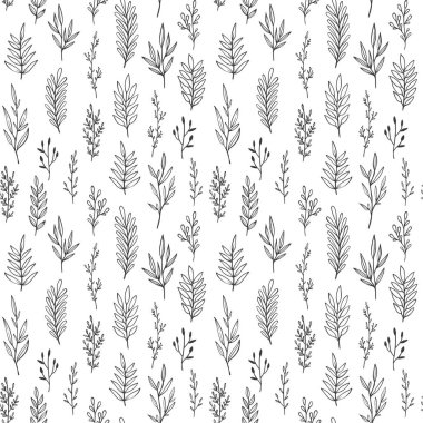 Elle çizilmiş yaprakları, dalları ve dalları ile Çiçek vektör deseni. Vintage botanik dikişsiz arka plan.